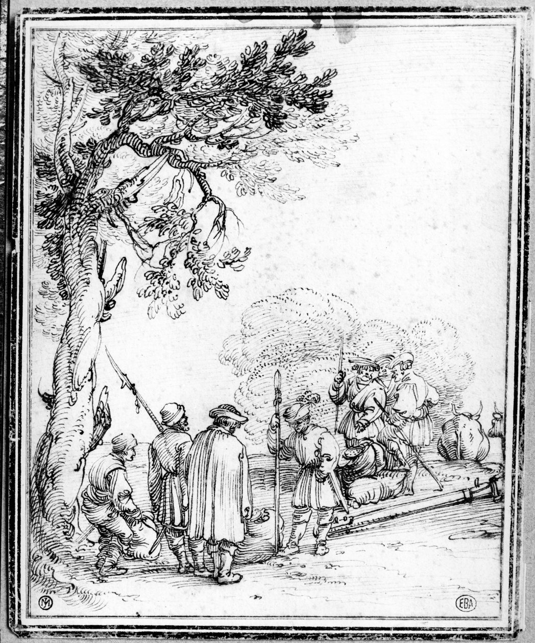 Bönder och soldater som handlar (bläck på papper) av Hans Sebald Beham