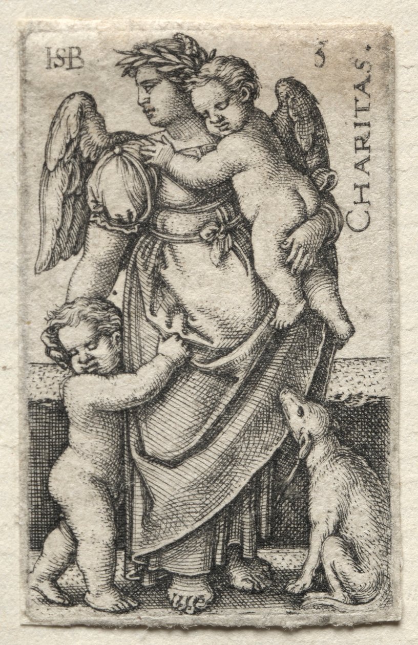 Kunskapen om Gud och de sju kardinaldygderna: Välgörenhet - Charitas. av Hans Sebald Beham
