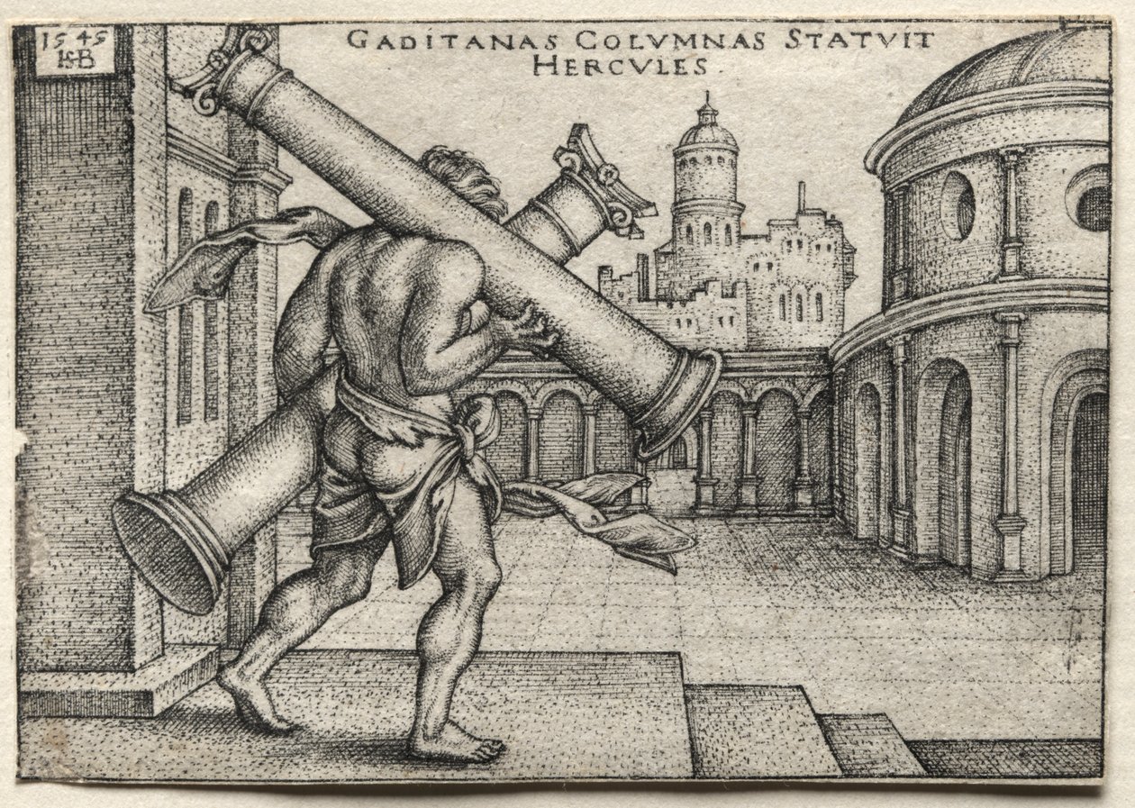 The Labors of Hercules: Hercules som bär Gades kolumner av Hans Sebald Beham
