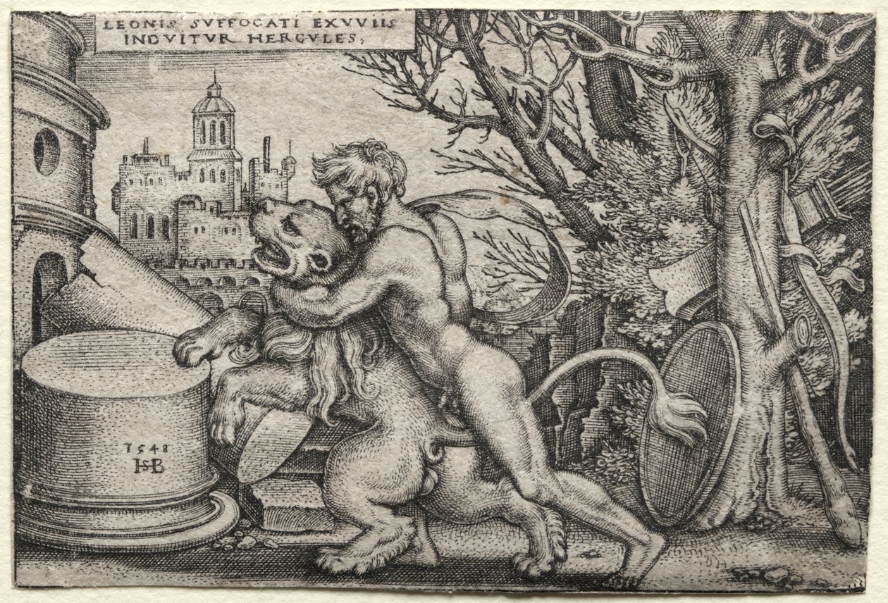 The Labours of Hercules: Hercules Stranling the Nemean Lion av Hans Sebald Beham