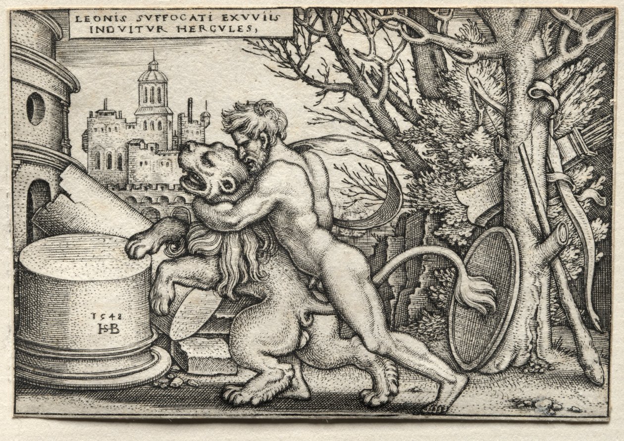 The Labours of Hercules: Hercules Strangling the Nemean Lion, 1548. av Hans Sebald Beham