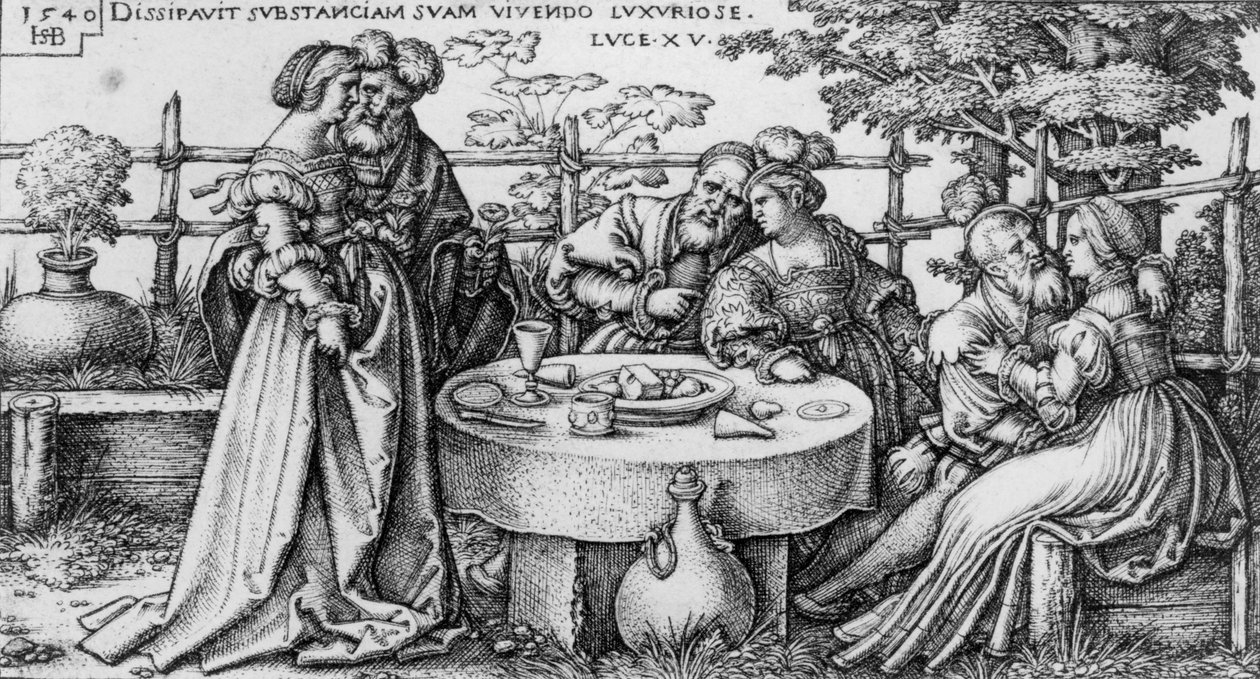 Den förlorade sonen slösar bort sin förmögenhet, från serien "Den förlorade sonens historia" av Hans Sebald Beham