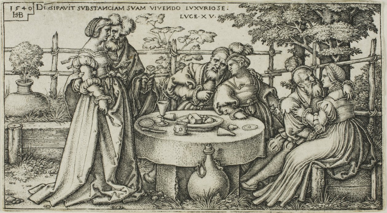 The Prodigal Son Wasting his Fortune, tallrik två från The History of the Prodigal Son av Hans Sebald Beham