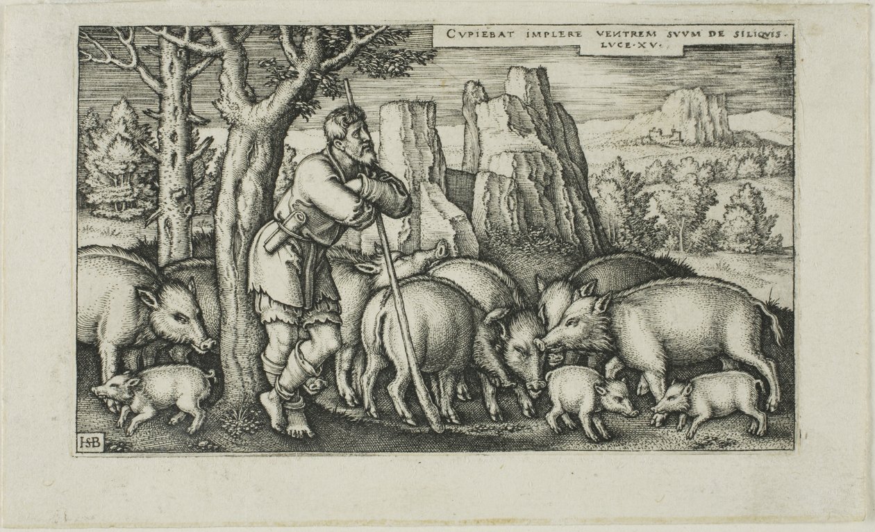 Den förlorade sonen med svinet, tallrik tre från The History of the Prodigal Son av Hans Sebald Beham