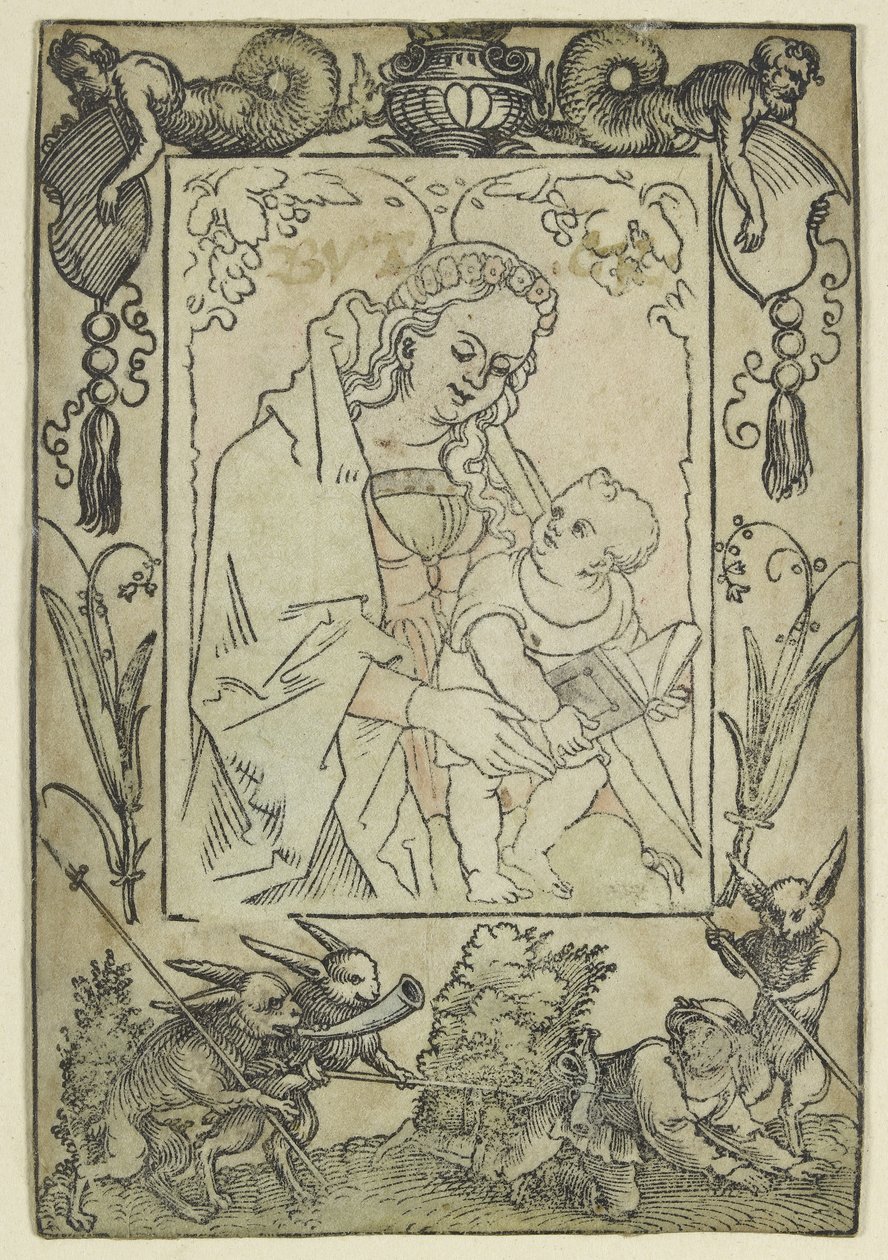 Jungfrun och barnet omgiven av en bård med en jägare och några kaniner (träsnitt, överarbetat i akvarell, tryckt på pergament) av Hans Sebald Beham