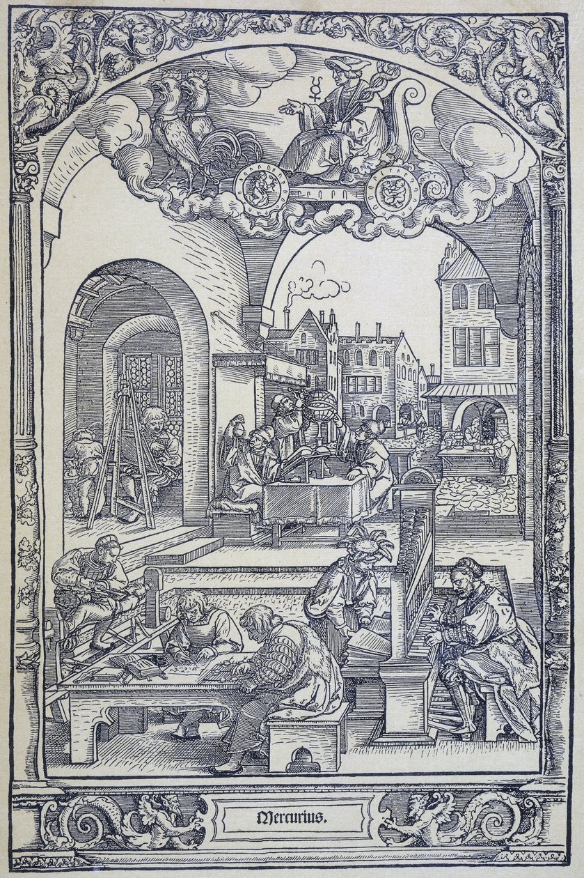 Planeten Merkurius och konstnärer, forskare och tekniker, c1535 (gravyr) av Hans Sebald Beham