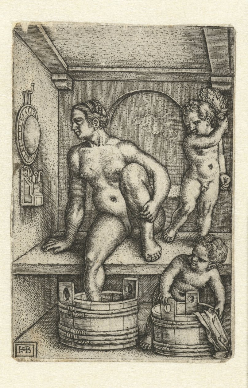Kvinna med två barn i badrummet av Hans Sebald Beham