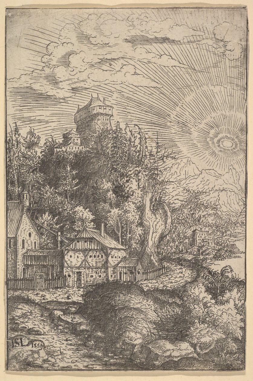 Landskap med ett slott uppflugen på en klippa, 1553. av Hans Sebald Lautensack