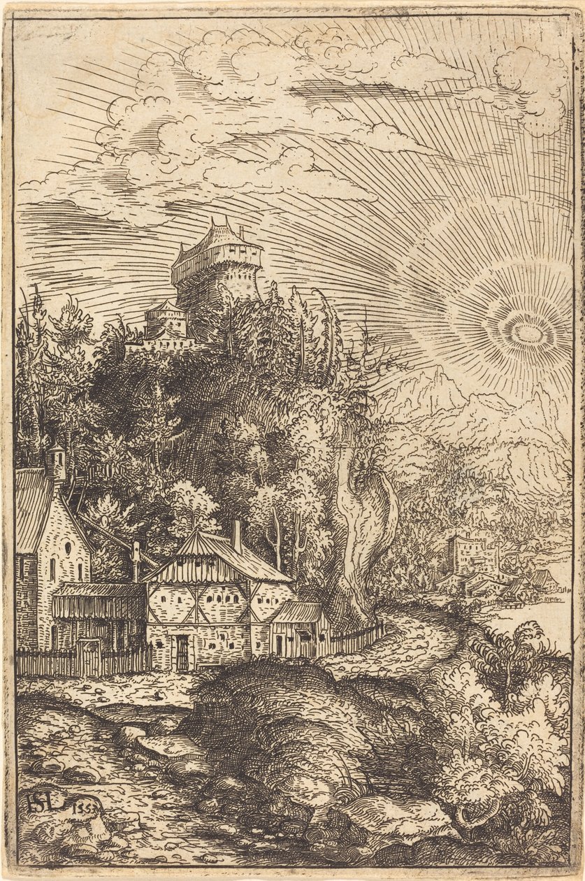 Landskap med ett slott och strålande sol, 1553. av Hans Sebald Lautensack