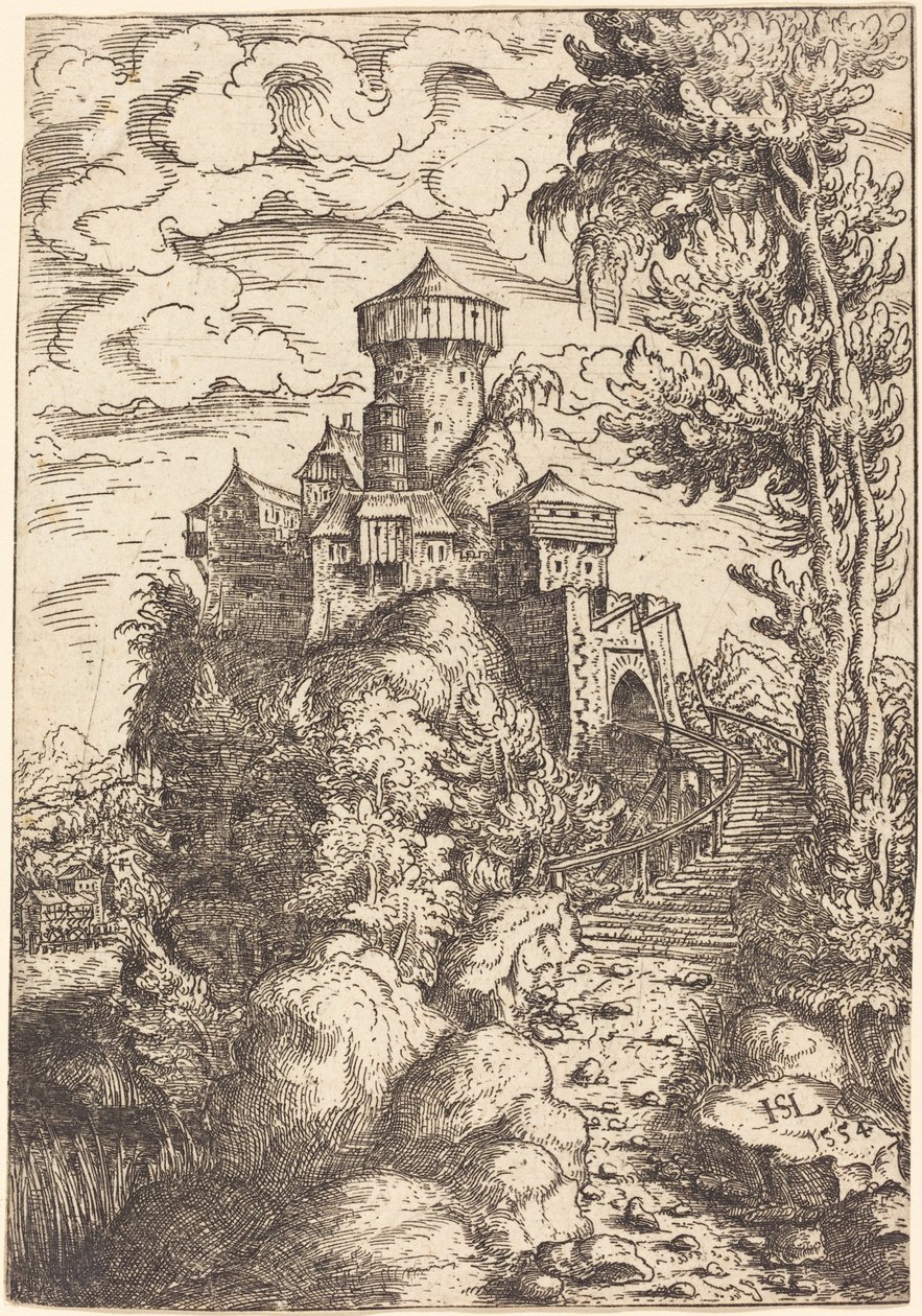 Landskap med fästning och stor trappa, 1554. av Hans Sebald Lautensack