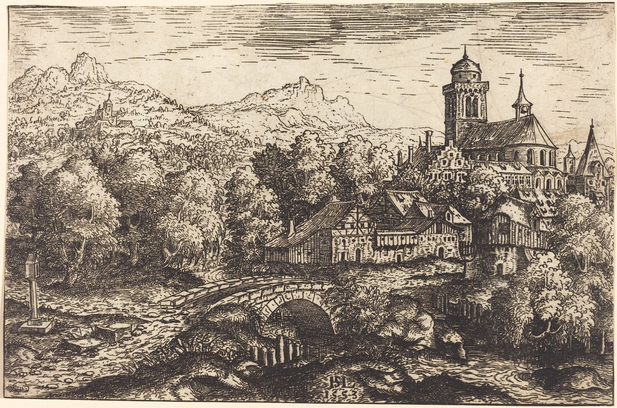 Bergigt landskap med en by, 1553. av Hans Sebald Lautensack