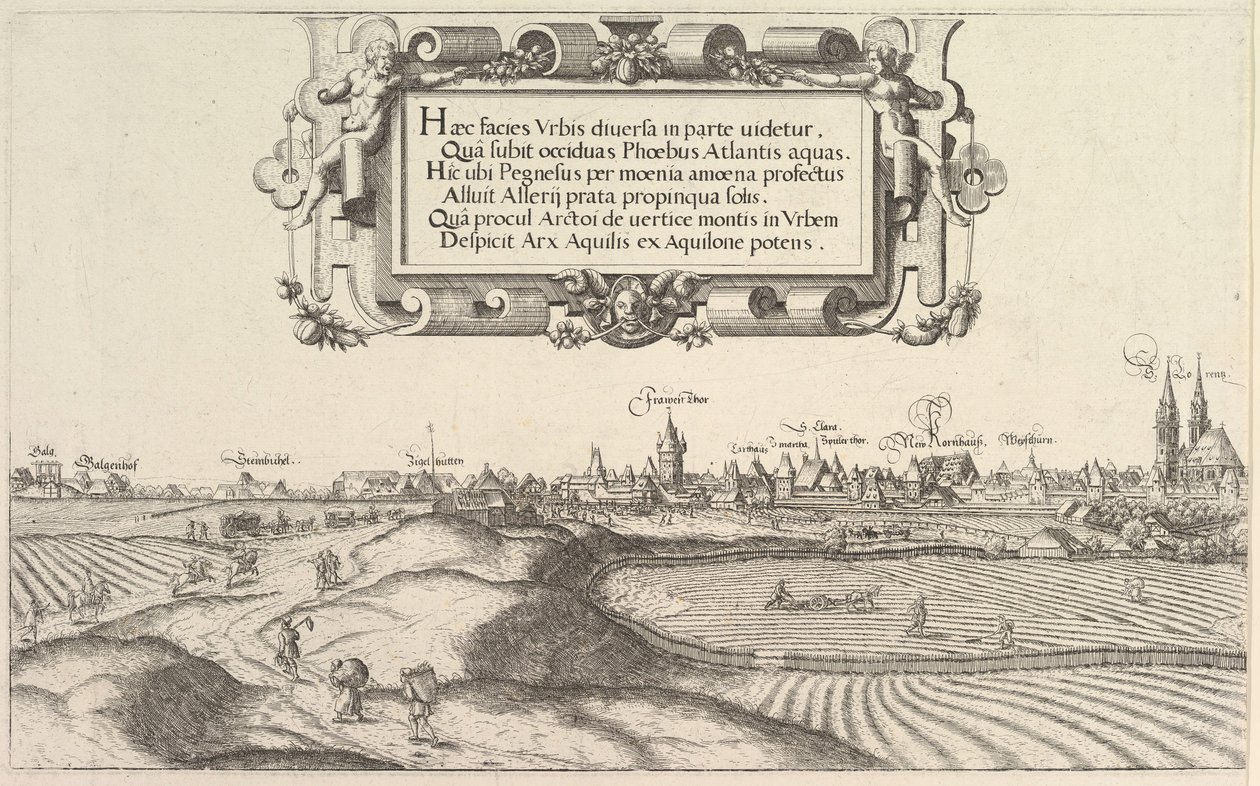 Utsikt över Nürnberg, österut, vänster skylt, 1552. av Hans Sebald Lautensack