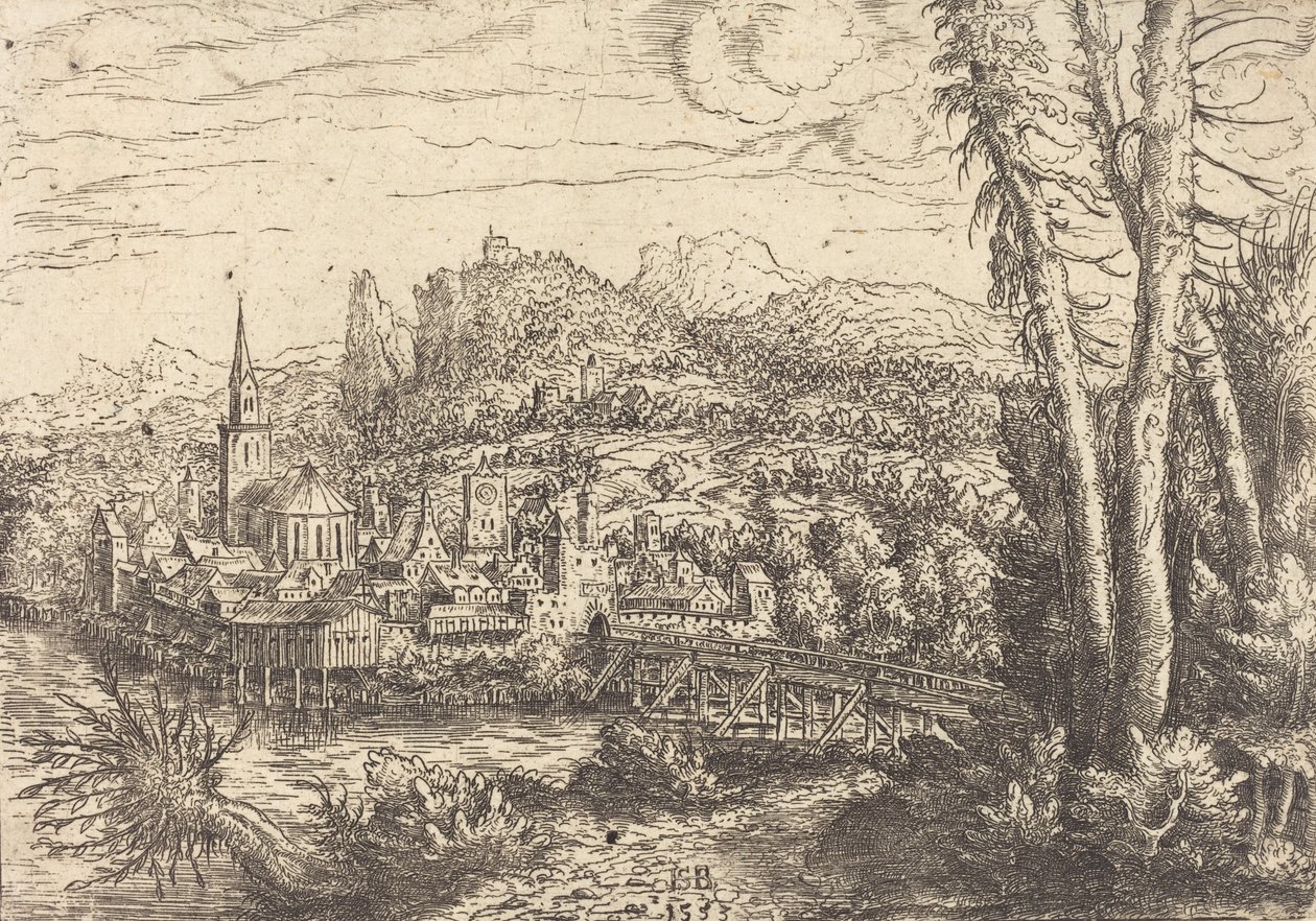 Utsikt över en stad nära en flod, 1553. av Hans Sebald Lautensack