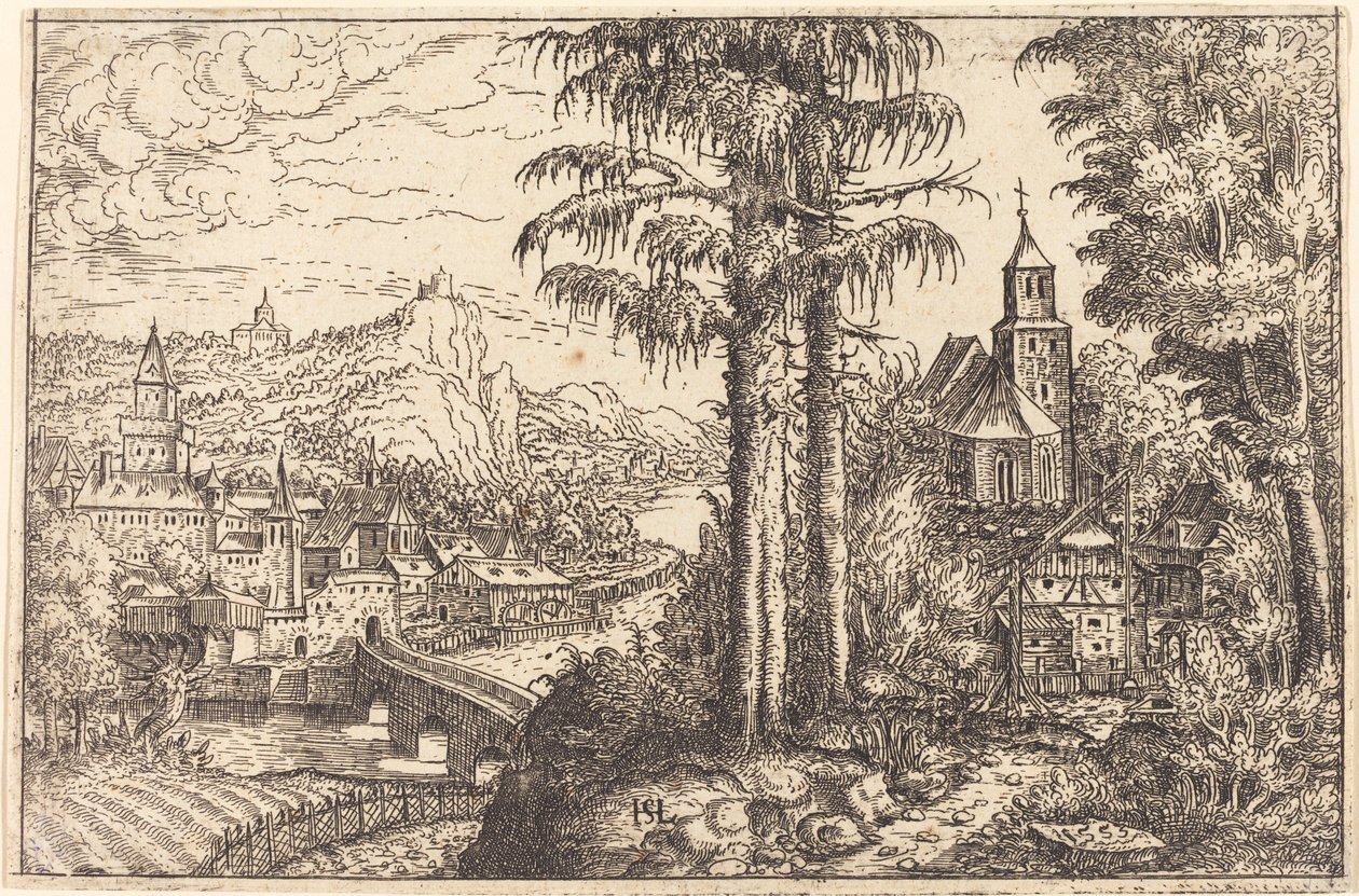 Utsikt över en stad nära en flod med en kyrka till höger, 1553. av Hans Sebald Lautensack