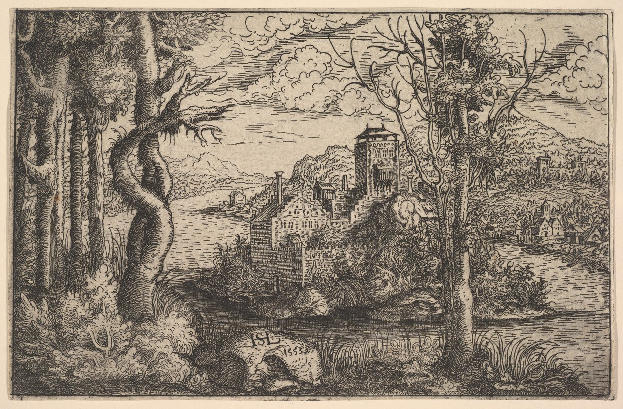 Utsikt över en flod, med ett slott på en ö, 1553. av Hans Sebald Lautensack