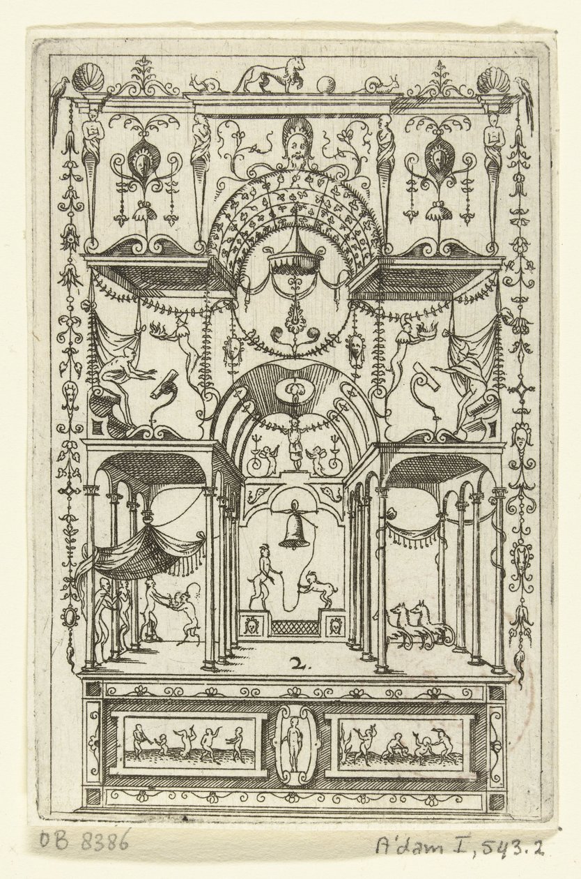 Trebeukig öppet byggverk med två etages på en piedestal James Androuetius Du Cerceau, uppfinnaren, skrev för inte några år sedan (...) (serietitel) av Hans Sibmacher