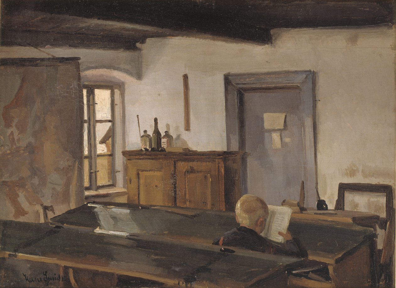En skolsal med en läsande pojke av Hans Smidth