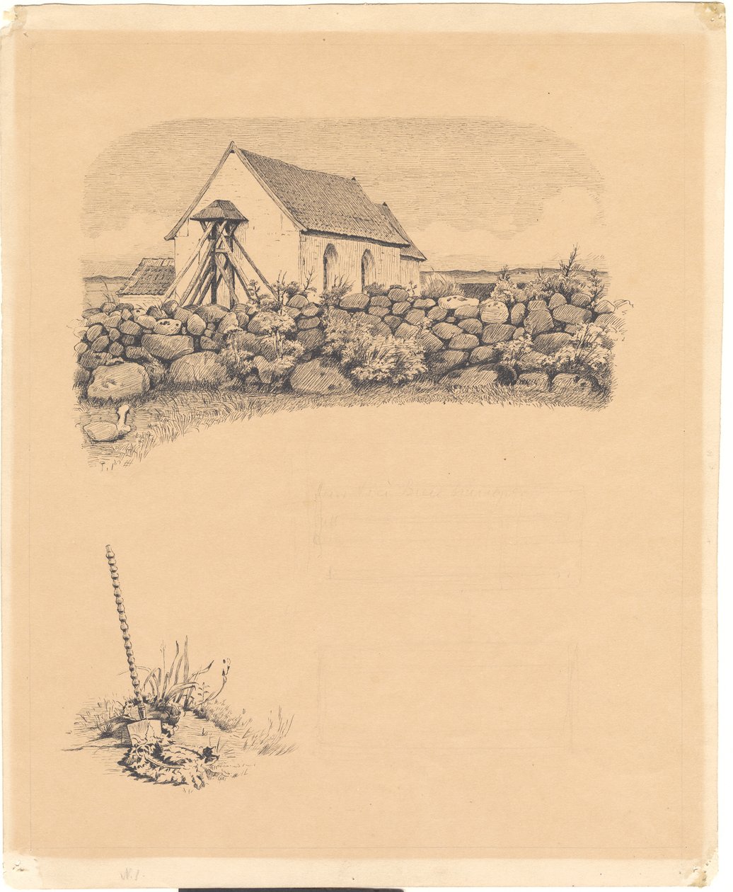 Illustration för St. St. Bleachers: "Mowns". F.o.: kyrka bakom stenar; f.n.: gravplats (?) med spade av Hans Smidth
