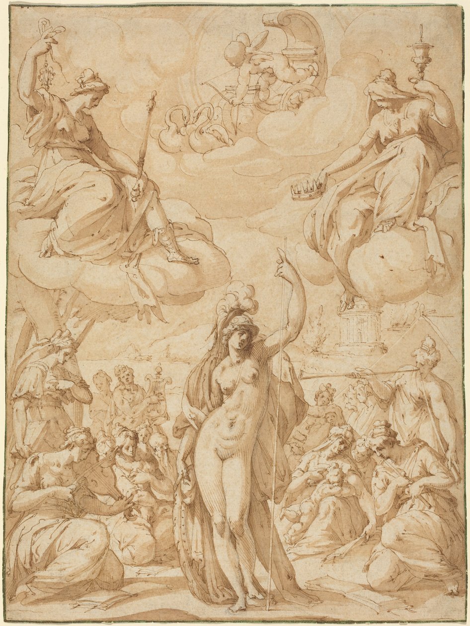 Allegori över Minerva som musernas huvud, 1575 eller tidigare (penna och bläck) av Hans Speckaert