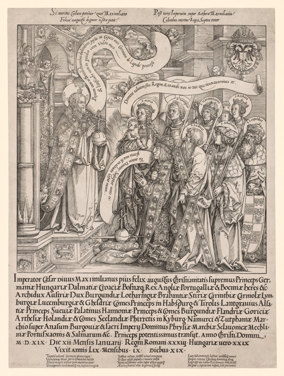 Kejsaren Maximilian presenterad av sina skyddshelgon till den Allsmäktige, 1519. av Hans Springinklee