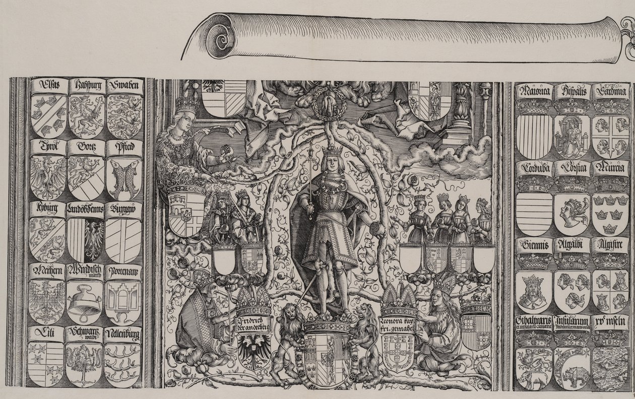 Den övre delen av Maximilians släktforskning, med den högra kanten av rullen för ..., 1515. av Hans Springinklee