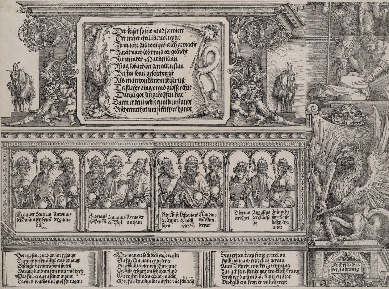 Den vänstra portalens övre sektion, med inskriften på ett lejonskinn, en fris med B..., 1515. av Hans Springinklee
