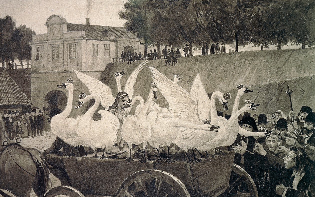 Vilda svanar, illustration av Hans Tegner (1853-1932) till saga av Hans Christian Andersen (1805-1875) av Hans Tegner