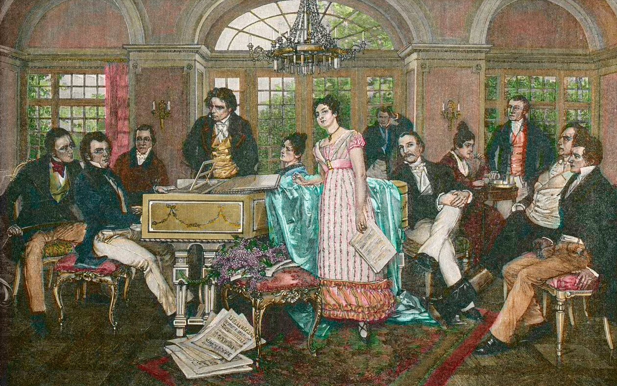 FRANZ SCHUBERT (1797-1828) Österrikisk kompositör - Schubert Afton hemma hos Joseph von Spaun - från vänster till höger: Bauernfeld, Schubert, Kupelwieser, Beethoven, Frohlich-systrarna, Mayrhofer, Schwind, Spaun, Vogl, Grillparzer - Schubert i Spaun efter av Hans Temple