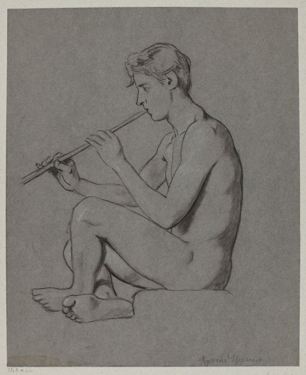 Nakenstudie av en ung man som spelar flöjt av Hans Thoma