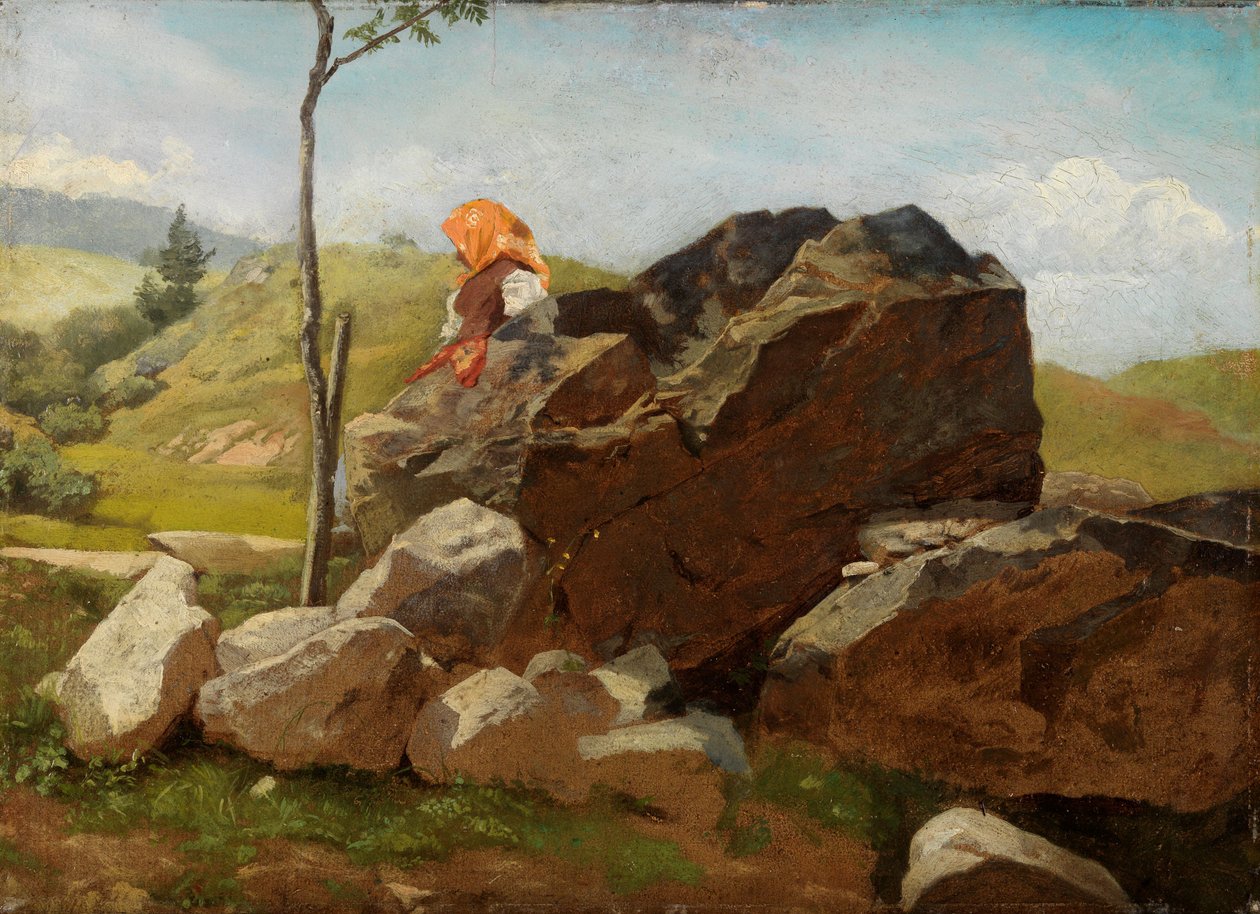Stenblock med en sittande bondflicka av Hans Thoma