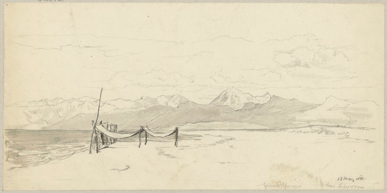 Fragment av havskusten nära Livorno med fisknät utspända på stranden av Hans Thoma