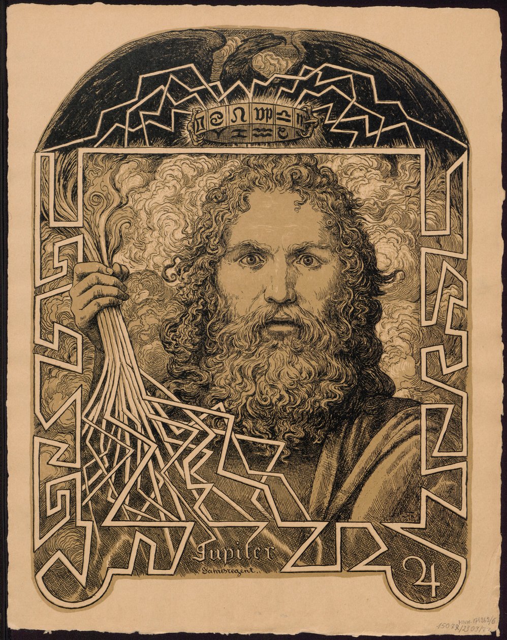 "Jupiter Jahrersregent". Jupiter som årets härskare. Skisser till ”Den eviga bildkalendern”, del II (Immerwährender Bilderkalender) av Hans Thoma