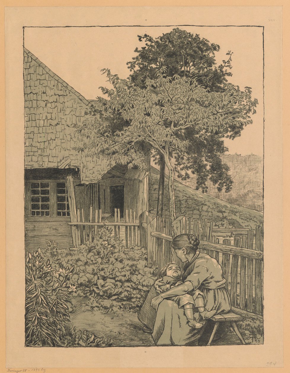 En kvinna med ett barn som sitter i trädgården framför ett hus i Schwarzwald av Hans Thoma