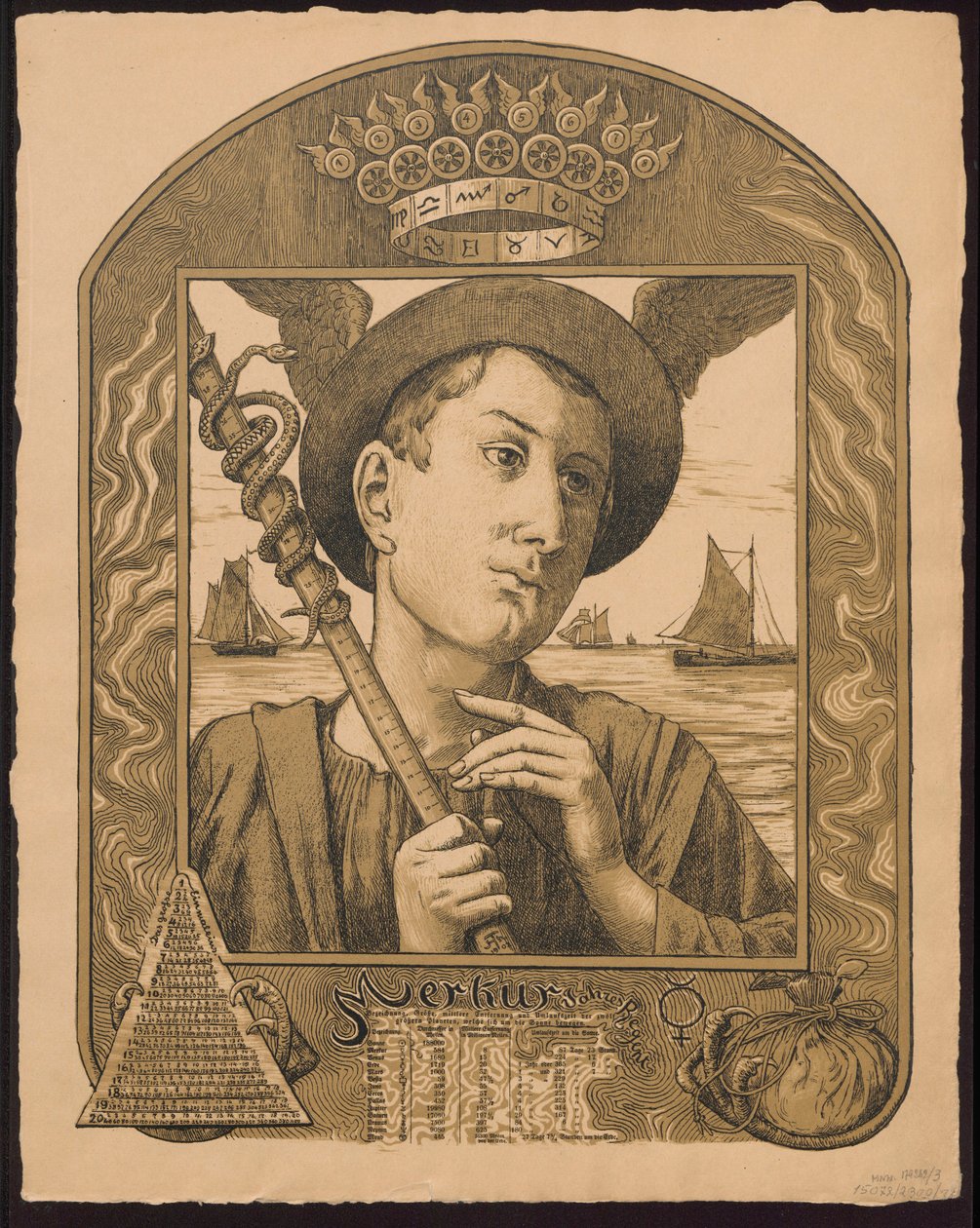 "Merkur Jahrers Regent". Merkurius som årets härskare. Skisser till ”Den eviga bildkalendern”, del II, 1901 (Immerwährender Bilderkalender) av Hans Thoma