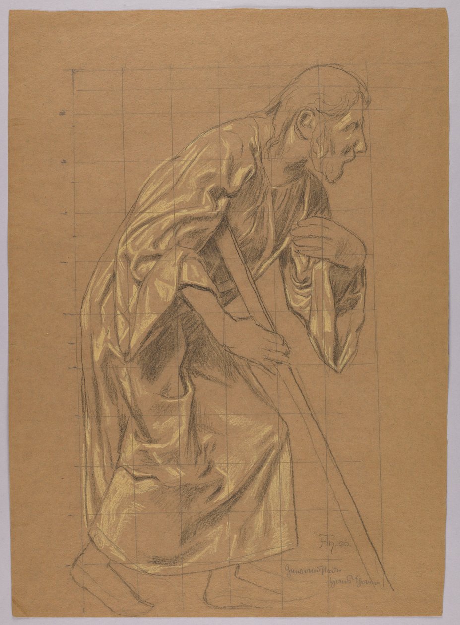 Man i lång dräkt, stödd mot en käpp, verso: skiss av samma figur av Hans Thoma