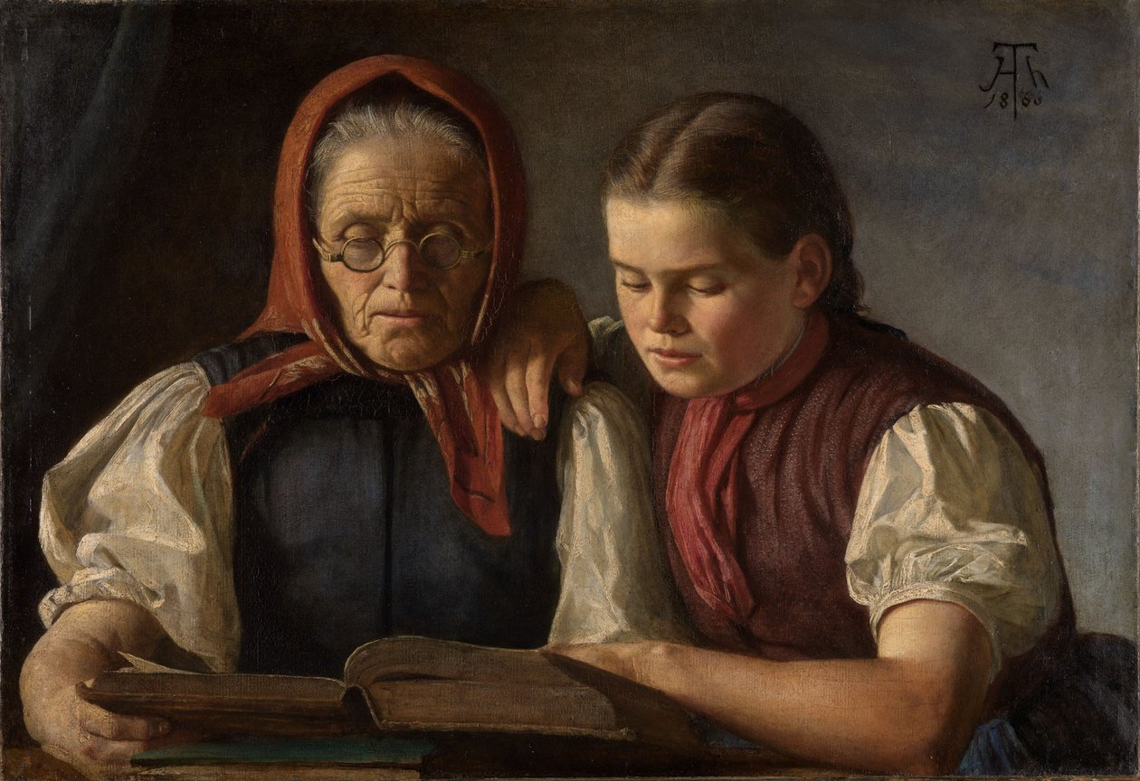 Konstnärens mor och syster läser Bibeln av Hans Thoma