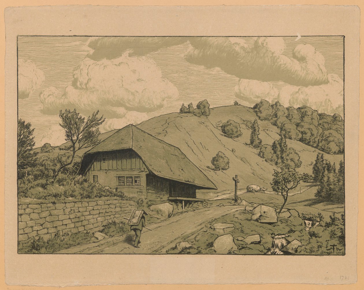 Lantligt landskap med en vandrare från trakten kring Happach i Schwarzwald av Hans Thoma