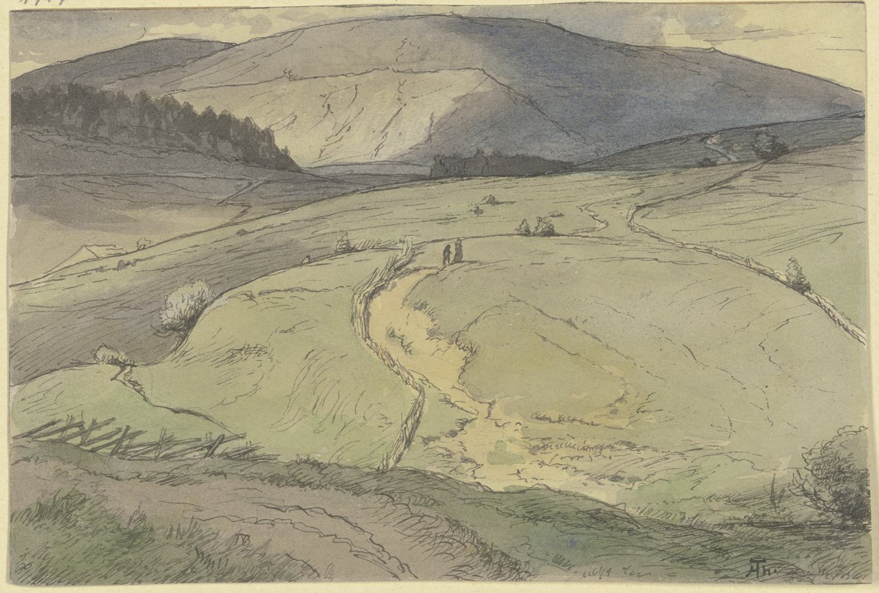 Landskap i Schwarzwald, utsikt över böljande ängar mot högre berg av Hans Thoma