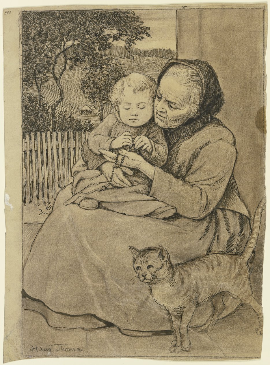 En sittande äldre kvinna med ett barn av Hans Thoma