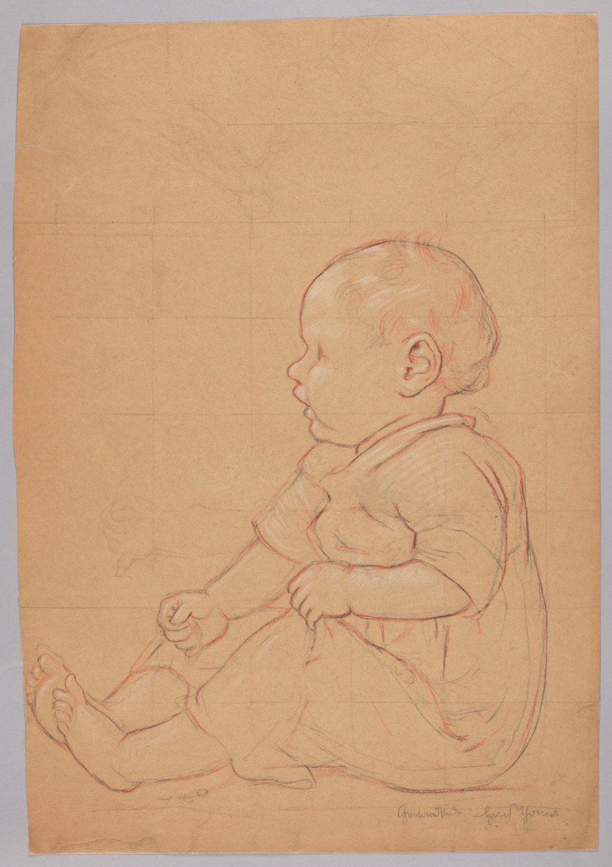 Studie av ett sittande barn, verso: en gammal man sittande på en sten av Hans Thoma