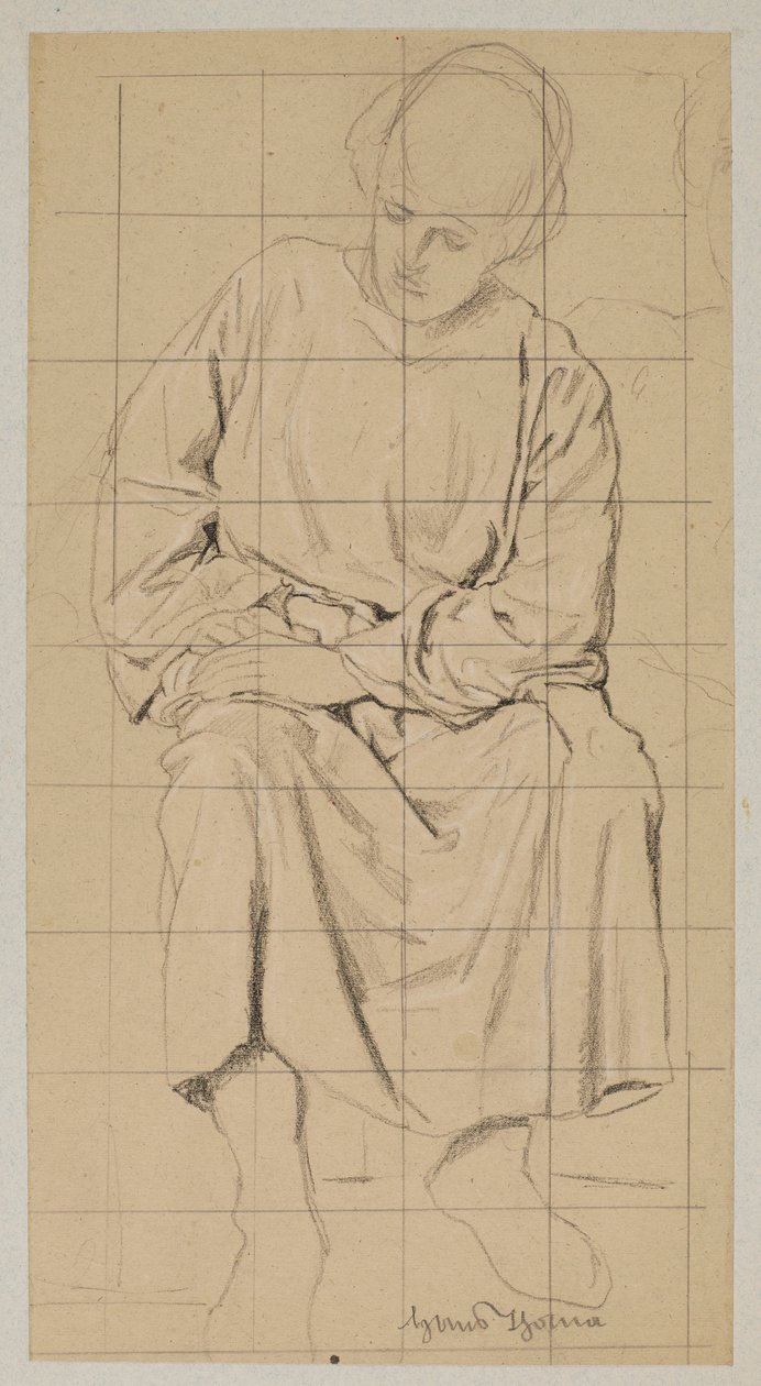 Studie av en sittande figur i en lång mantel av Hans Thoma