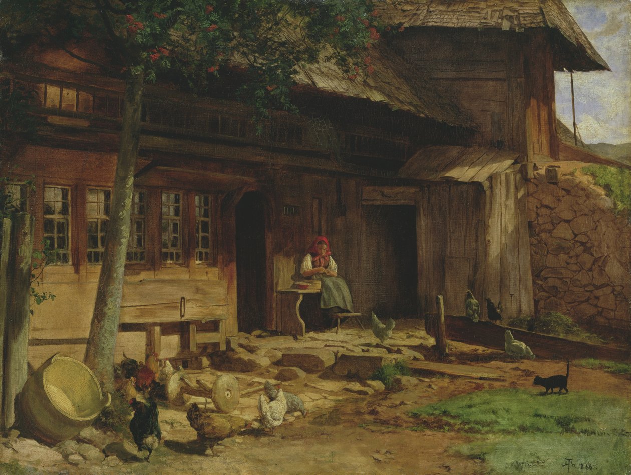 Föräldrahemmet i Bernau, 1866 (olja på duk på kort) av Hans Thoma