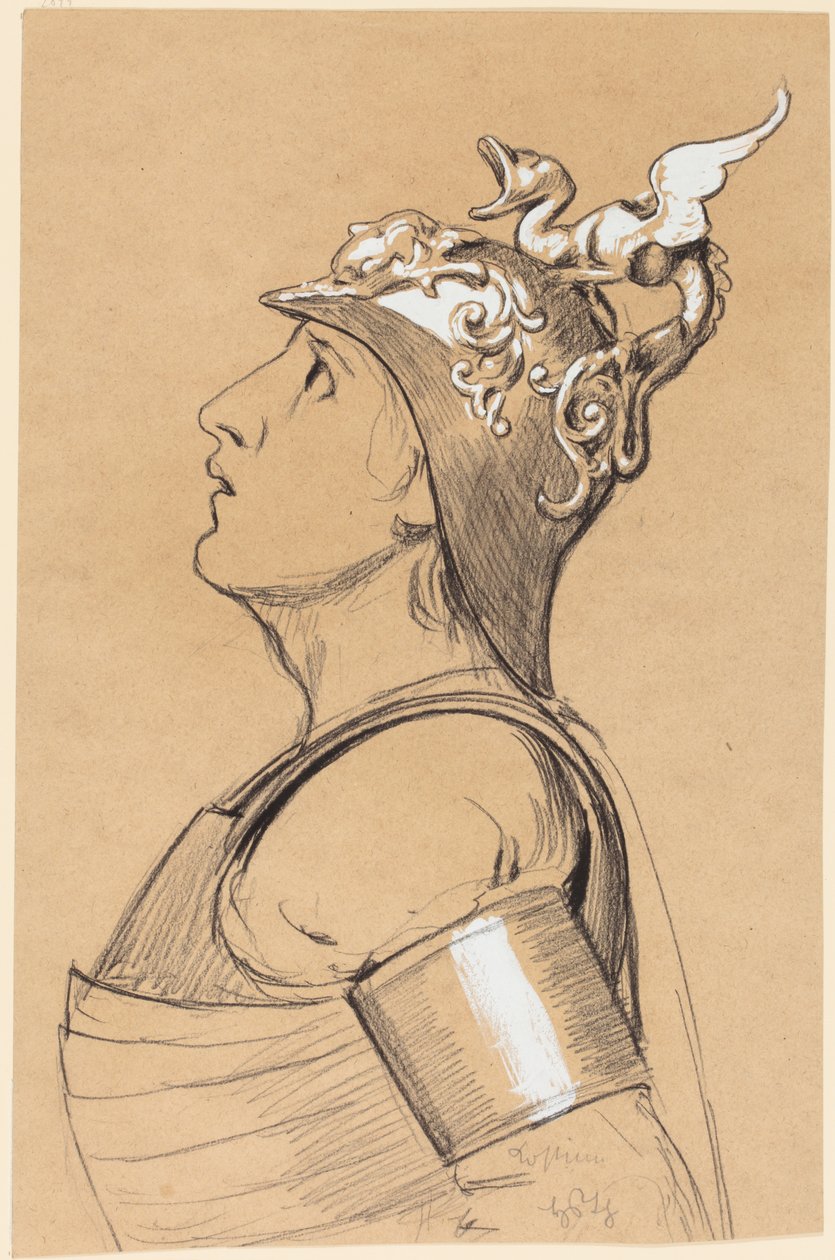 Valkyria (kostymskiss för Bayreuth) Huvud med hjälm av Hans Thoma