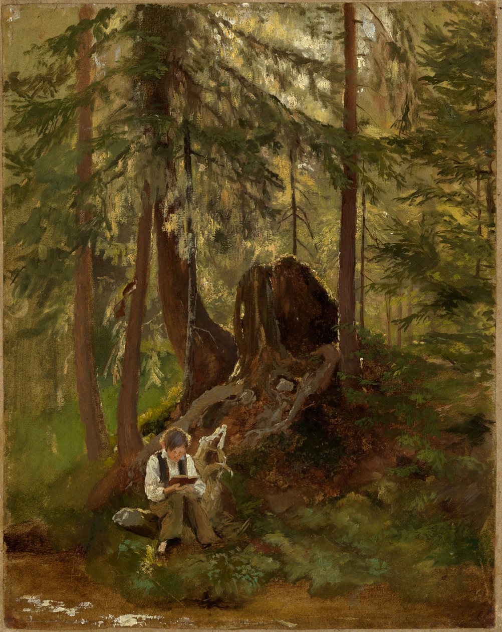 Skogsinteriör med läsande pojke av Hans Thoma