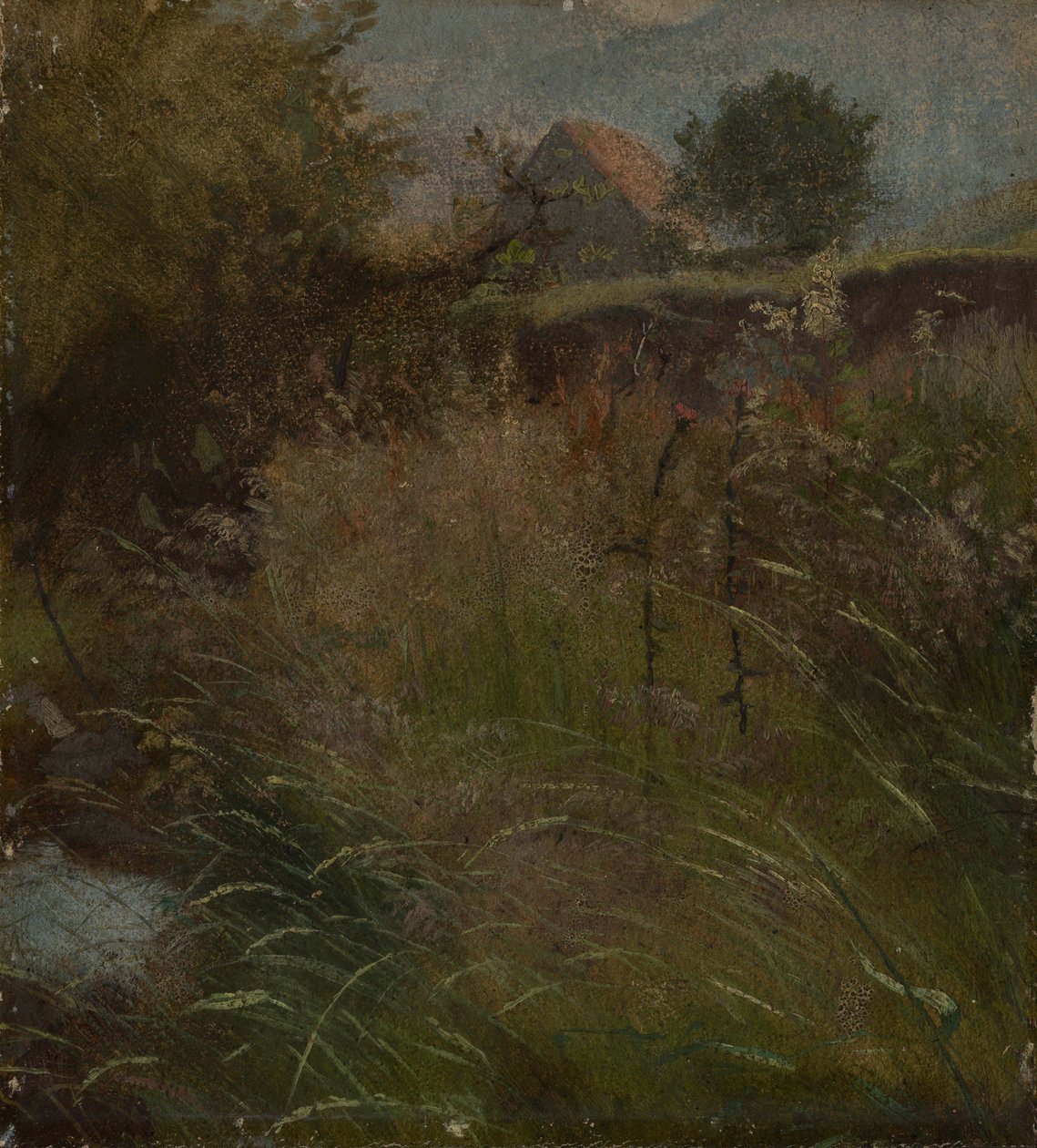 Äng, med en bondgård i bakgrunden av Hans Thoma