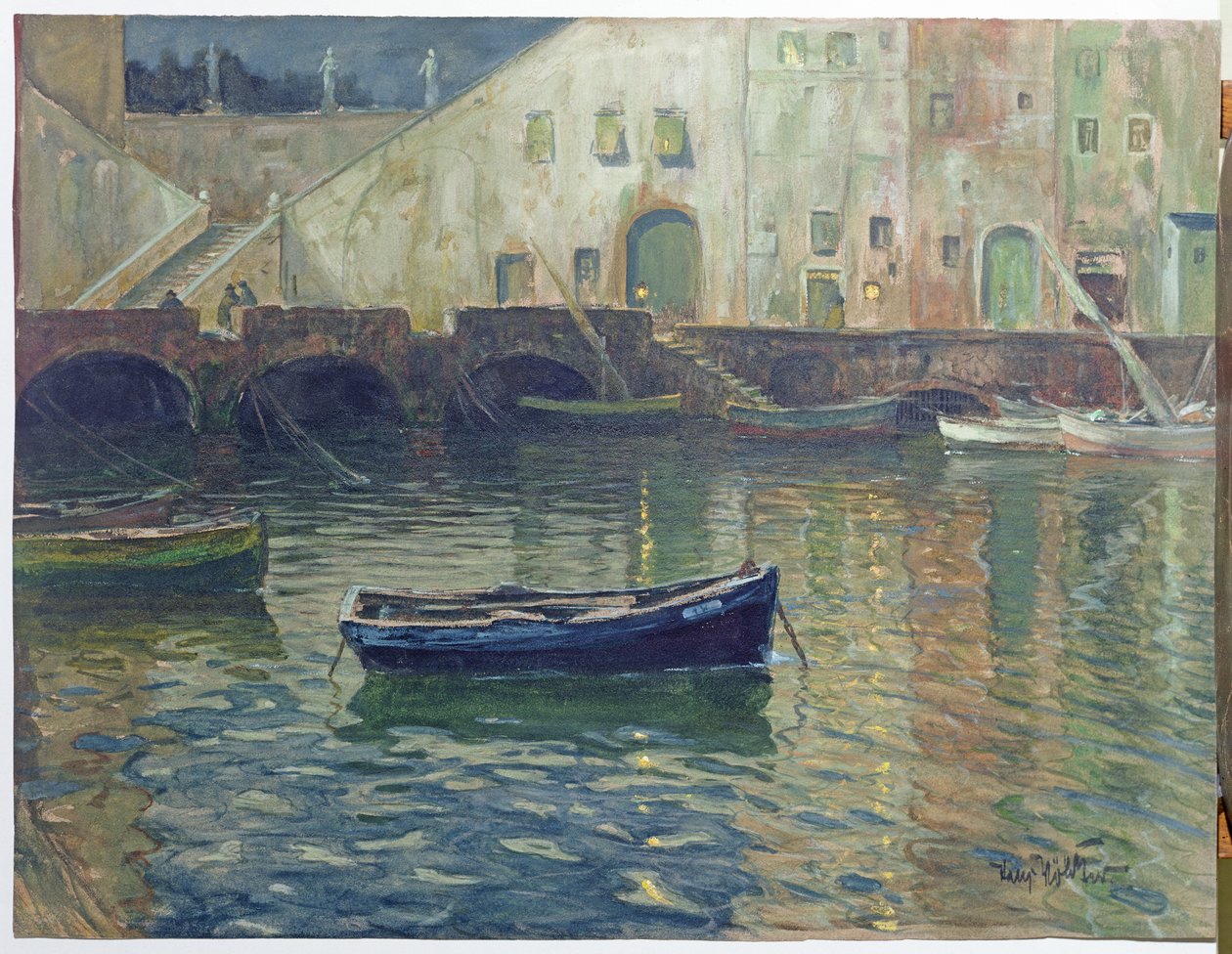 Hamn i månsken, ca 1900 (wc på papper) av Hans Volcker