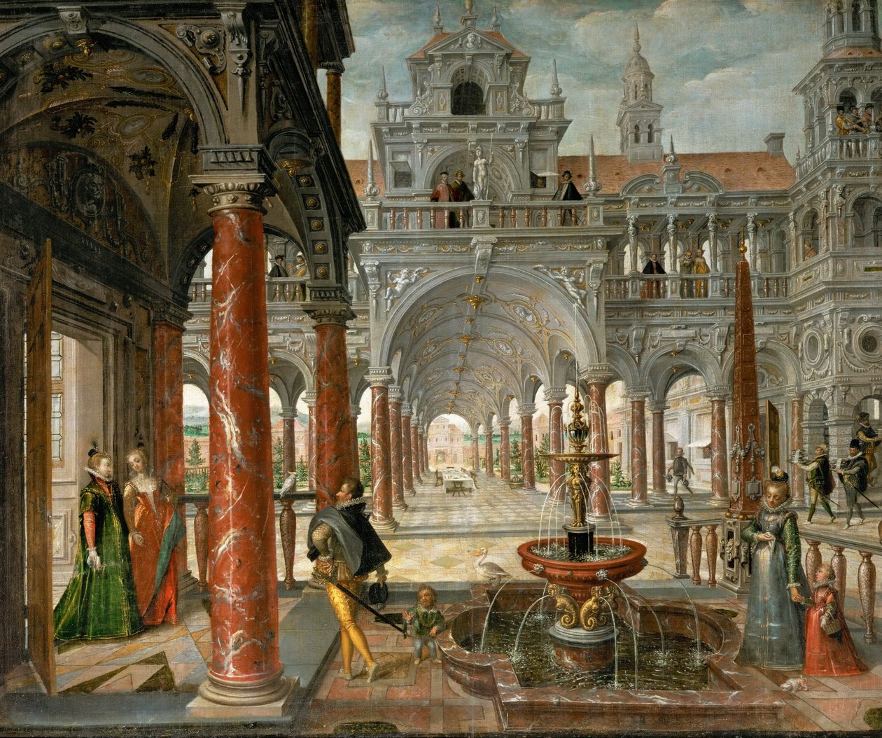 Ett palats med förnäma besökare - Palats med förnäma besökare - Hans Vredeman de Vries (Jan de Vriese eller Friedman av Friesland) (1526-1606). Olja på duk, ca. 1596. Storlek: 137x164 cm. Konsthistoriska museet, Wien av Hans Vredeman de Vries