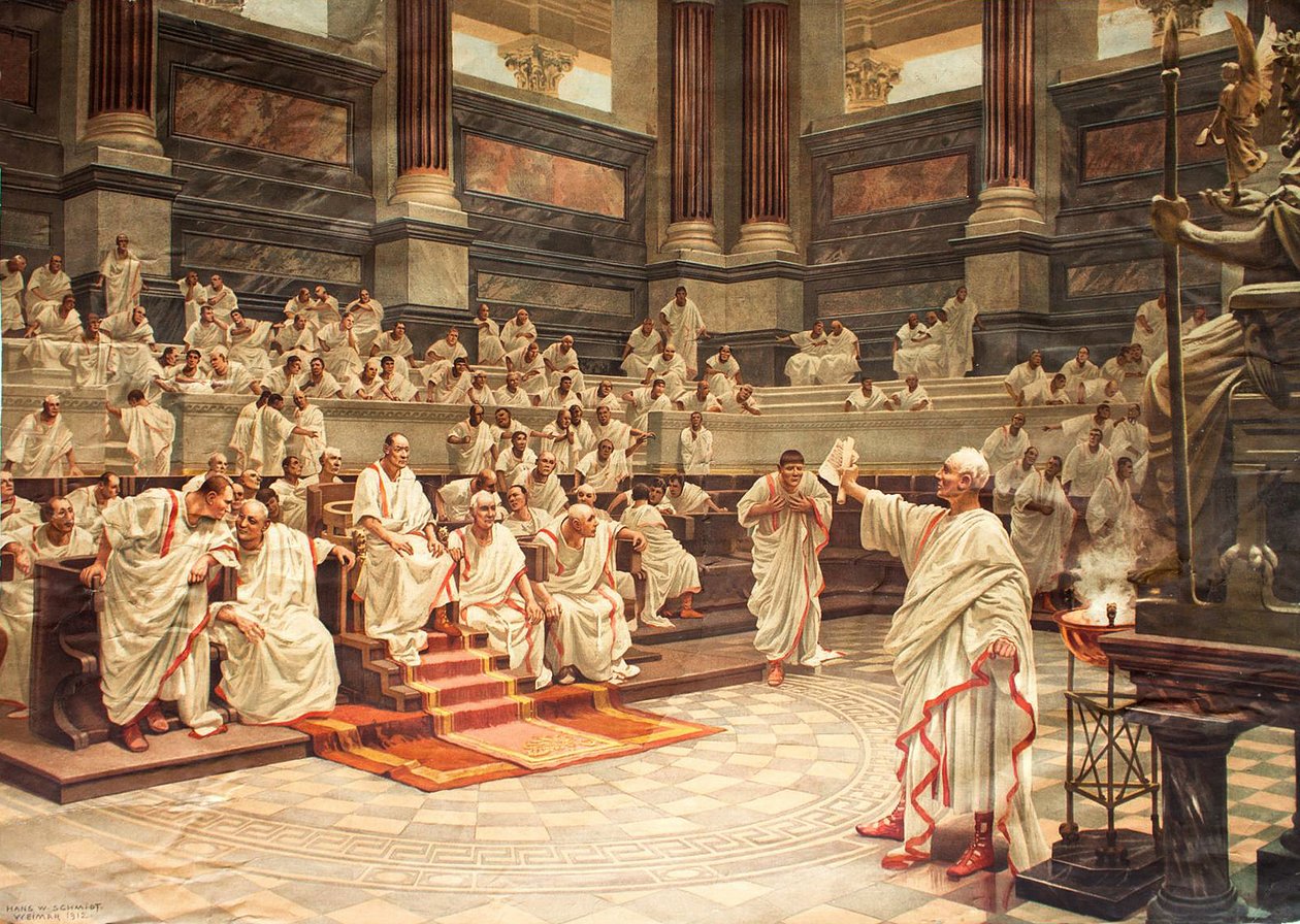 Cicero i senaten anklagade Catilina (108-62 f.Kr.) för att trolla, 21 oktober 63 f.Kr. - kromolitografi av Hans W. Schmidt