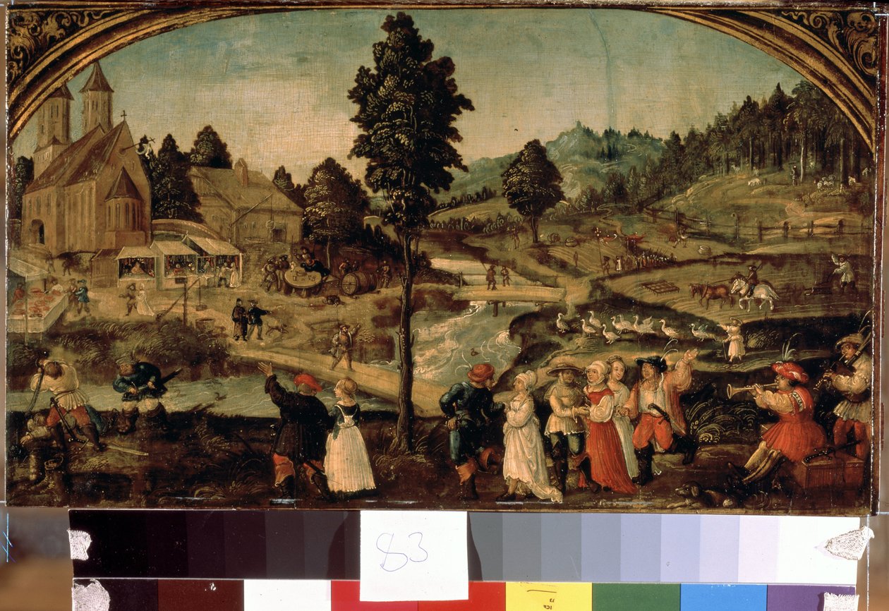 Fete de village (Village Fete). Målning av Hans Von Wertinger (cirka 1465-1533). Olja på trä, 22,5 x 40 cm, sent 1400-tal. Tysk konst, renässans. Eremitagemuseet, Sankt Petersburg. av Hans Wertinger
