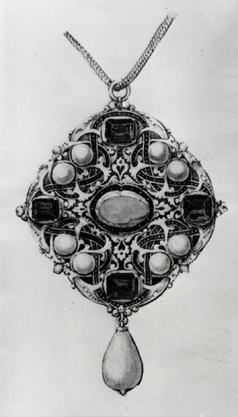 Design för ett hänge set med rubin, safirer och pärlor (penna & svart bläck, tvätt & wc på papper) av Hans attr. to Holbein the Younger